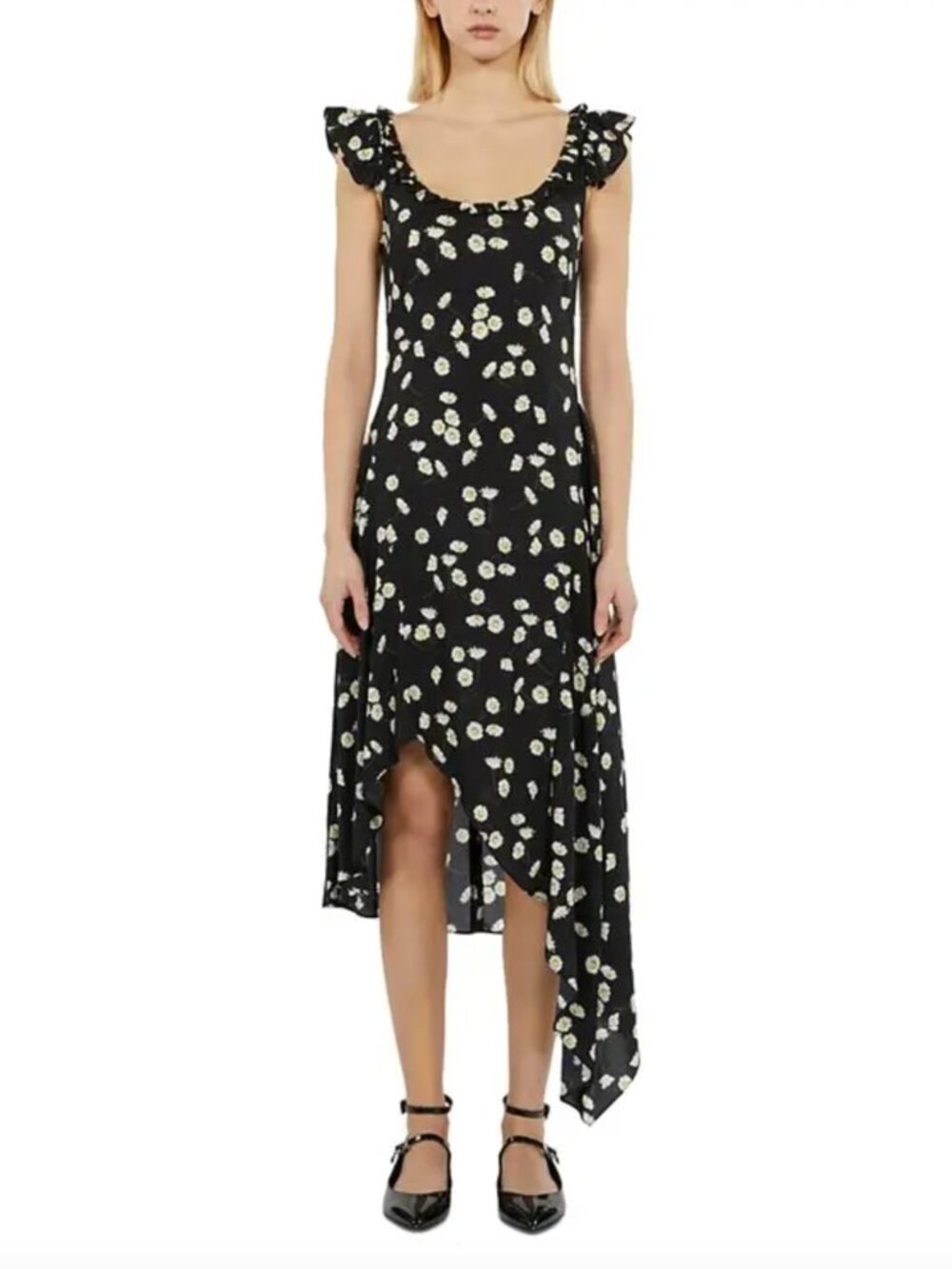 $425 NWT The Kooples Black Floral Hi-Low Midi Ruffle Dress size 1/Small